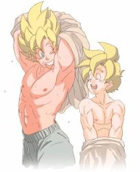 Rule 34 | 2boys, age difference, dragon ball, dragonball z, father and son, lowres, male focus, multiple boys, muscular, topless male, son gohan, son goku