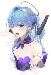 Rule 34 | 1girl, :d, absurdres, bare shoulders, blue eyes, blue hair, breasts, cleavage, commentary, cropped torso, disembodied limb, dress, hair intakes, highres, honkai: star rail, honkai (series), long hair, looking at viewer, niya (cosom), off-shoulder dress, off shoulder, open mouth, robin (honkai: star rail), simple background, small breasts, smile, solo focus, upper body, white background