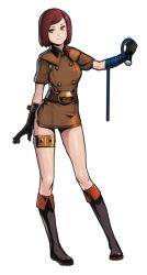 Rule 34 | 1girl, belt, black gloves, boots, brown hair, dress, full body, gloves, knee boots, military, military uniform, short dress, short hair, smile, solo, standing, steward b, swept bangs, textless version, the king of fighters, thigh strap, transparent background, uniform, whip, whip (kof)