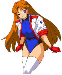 Rule 34 | 1girl, belt, blue eyes, blue leotard, brown hair, commentary request, cropped jacket, french flag, gloves, highres, jacket, leotard, long hair, namco, numan athletics, oggy (oggyoggy), one eye closed, red gloves, retro artstyle, sharon les halles, simple background, smile, solo, thighhighs, thighs, very long hair, white background, white jacket, white thighhighs