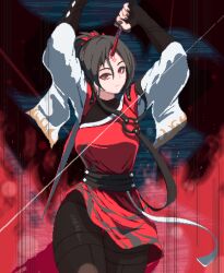 Rule 34 | 1girl, akatsuki records, black hair, black nails, closed mouth, commentary, dress, english commentary, highres, holding, holding sword, holding weapon, horns, konngara (touhou), looking at viewer, nukekip, oni horns, pixel art, ponytail, red dress, red eyes, red horns, single horn, single strap, solo, sword, touhou, touhou (pc-98), weapon