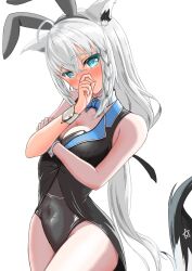 Rule 34 | 1girl, ahoge, animal ear fluff, animal ears, areksti, bare arms, black leotard, blue bow, blue bowtie, blush, bow, bowtie, braid, breasts, cleavage, commentary request, detached collar, earrings, fake animal ears, fox ears, fox girl, fox tail, green eyes, hair between eyes, highres, hololive, jewelry, leotard, long hair, looking at viewer, medium breasts, pentagram, playboy bunny, rabbit ears, shirakami fubuki, sidelocks, simple background, single braid, solo, tail, virtual youtuber, white background, white hair, wrist cuffs