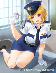 Rule 34 | 1girl, arm support, belt, blonde hair, breasts, chair, cuffs, finger twirl, gloves, handcuffs, hat, highres, kakusei kenkyuu idol lab, large breasts, necktie, no socks, official art, on table, paper, pencil skirt, police, police hat, police uniform, policewoman, red eyes, shoes, short hair, sitting, skirt, smile, solo, table, uniform, wacchi, yajima chitose, yokozuwari