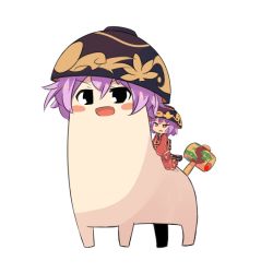 Rule 34 | 1girl, :d, amakoke, black eyes, blush stickers, bowl, bowl hat, dual persona, hat, japanese clothes, kimono, miracle mallet, open mouth, purple hair, red eyes, riding, short hair, simple background, size difference, smile, sukuna shinmyoumaru, touhou, white background