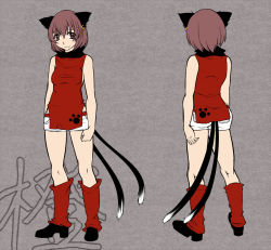 Rule 34 | 1girl, :3, alternate costume, animal ears, aoshima, breasts, brown hair, cat ears, cat tail, chen, contemporary, earrings, highres, jewelry, kneepits, looking at viewer, multiple tails, multiple views, nekomata, paw print, shirt, short hair, short shorts, shorts, single earring, sleeveless, sleeveless shirt, smile, socks, tail, team 9 (touhou), touhou, turnaround, turtleneck, two tails