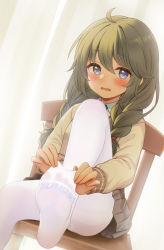 Rule 34 | 1girl, :o, adjusting clothes, adjusting legwear, ahoge, blue eyes, blush, braid, brown hair, chair, clothes pull, collared shirt, commentary request, feet, foot focus, fukuro daizi, green hair, hair between eyes, highres, long hair, looking at viewer, no shoes, open mouth, pantyhose, pantyhose pull, pleated skirt, princess connect!, school uniform, shirt, sidelocks, sitting, skirt, solo, sweater, toes, twin braids, white pantyhose, white shirt, yuni (princess connect!), yuni (real) (princess connect!)