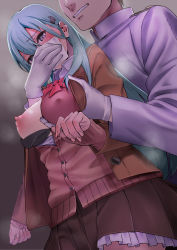 Rule 34 | 1girl, absurdres, admiral (kancolle), aqua hair, arm at side, black bra, blazer, blush, bow, bowtie, bra, bra pull, breasts, brown jacket, brown skirt, cardigan, chloroform, clothes pull, covered erect nipples, covering another&#039;s mouth, fingernails, frilled skirt, frills, from below, gloves, grabbing, grabbing another&#039;s breast, grabbing from behind, grey eyes, groping, hair ornament, hairclip, half-closed eyes, hand over another&#039;s mouth, head out of frame, hetero, highres, jacket, kantai collection, kujuu shikuro, long hair, long sleeves, looking down, medium breasts, military, military uniform, miniskirt, naval uniform, nipples, one breast out, open cardigan, open clothes, open jacket, parted lips, pleated skirt, red bow, red neckwear, shiny skin, skirt, sleeves past wrists, solo focus, suzuya (kancolle), underwear, uniform, white gloves, wing collar