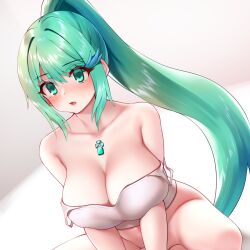 Rule 34 | 1girl, bare shoulders, blush, bottomless, breasts, chest jewel, cleavage, green hair, highres, large breasts, off shoulder, pneuma (xenoblade), solo, tank top, tsumiki yuki, xenoblade chronicles (series), xenoblade chronicles 2