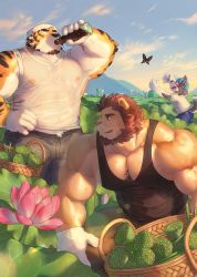Rule 34 | 2boys, absurdres, animal ears, bara, bare shoulders, beard, belly, black butterfly, black tank top, bottle, bug, bulge, butterfly, chest hair, covered erect nipples, drinking, facial hair, flower, foreshortening, furry, furry male, gloves, head scarf, highres, holding, holding bottle, insect, large pectorals, lion boy, lion ears, lion tail, male focus, mature male, mixvariety, multiple boys, muscular, muscular male, original, outdoors, pectoral cleavage, pectorals, pink flower, plant, see-through, shirt, short hair, sideburns, sidepec, smile, sunlight, tail, tank top, thick eyebrows, tied sleeves, tiger boy, tiger ears, wet, wet clothes, wet shirt, white gloves
