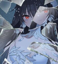 Rule 34 | 1girl, app filter, black hair, broken glass, closed mouth, corrupted twitter file, detached collar, detached sleeves, dress, earrings, feather collar, glass, hair between eyes, highres, jewelry, long hair, lucia: plume (dance of ripplets) (punishing: gray raven), lucia (punishing: gray raven), nagseochung, punishing: gray raven, red eyes, shell, shell earrings, solo, white dress