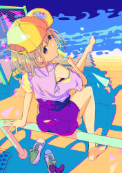 Rule 34 | 1girl, abstract background, arm support, bare shoulders, barefoot, baseball cap, blue eyes, chain-link fence, earrings, eating, fence, food, from behind, grey hair, hat, highres, holding, holding food, holding popsicle, idolmaster, idolmaster shiny colors, iroha (moist), jacket, jewelry, leg up, looking at viewer, looking back, multicolored background, popsicle, purple jacket, purple shirt, purple shorts, purple socks, serizawa asahi, shadow, shirt, shoes, unworn shoes, short hair, short sleeves, shorts, sitting, sitting on fence, sneakers, socks, solo, stairs, zipper