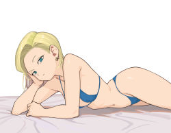 Rule 34 | 1girl, android 18, bed, bikini, blonde hair, blue bikini, blue eyes, breasts, covered erect nipples, cowboy shot, dragon ball, dragonball z, forehead, highres, large breasts, looking at viewer, lying, navel, on stomach, rokoido12, short hair, simple background, solo, swimsuit, white background