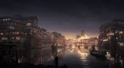 Rule 34 | absurdres, architecture, boat, canal, east asian architecture, highres, hy vong (phong canh), night, night sky, original, outdoors, people, scenery, sky, star (sky), starry sky, third-party source, water, watercraft