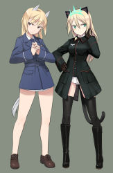Rule 34 | 2girls, animal ears, black legwear, blonde hair, blush, brown eyes, cat ears, cat girl, cat tail, commentary request, gloves, green eyes, heinrike prinzessin zu sayn-wittgenstein, hirschgeweih antennas, horse girl, long hair, marian e. carl, military, military uniform, multiple girls, noble witches, panties, shimada fumikane, strike witches, tail, thighhighs, underwear, uniform, world witches series