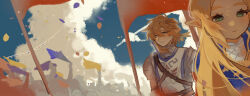 Rule 34 | 1boy, 1girl, :|, absurdres, armor, blonde hair, blue eyes, blue sky, closed mouth, cloud, commentary, confetti, crowd, day, eyelashes, flag, floating hair, garland (decoration), green eyes, hair between eyes, highres, link, long hair, medium hair, nintendo, outdoors, pointy ears, princess zelda, shanodesu, sky, soldier&#039;s set (zelda), symbol-only commentary, the legend of zelda, the legend of zelda: breath of the wild, triforce