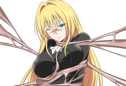 Rule 34 | 1girl, blonde hair, blush, breasts squeezed together, breasts, closed mouth, game cg, glasses, green eyes, large breasts, long hair, looking at viewer, nipples, nuko majin, one eye closed, restrained, simple background, solo, tearju lunatique, to love-ru, to love-ru darkness, upper body