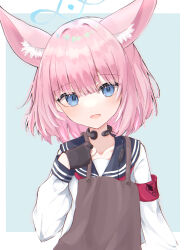 Rule 34 | 1girl, absurdres, animal ear fluff, animal ears, apron, armband, black gloves, black sailor collar, blue archive, blue background, blue eyes, blush, border, brown apron, commentary request, fingerless gloves, fox ears, gloves, halo, highres, looking at viewer, medium hair, neckerchief, niko (blue archive), noko (nco029685627), open mouth, outside border, pink hair, red neckerchief, sailor collar, shirt, simple background, smile, solo, throat microphone, upper body, white border, white shirt