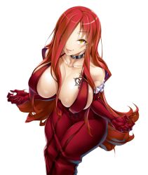 Rule 34 | 00s, 1girl, astaroth (taimanin asagi), bare shoulders, breasts, cleavage, dress, female focus, full body, highres, large breasts, long hair, looking at viewer, naughty face, no bra, potion (moudamepo), red hair, shiny skin, sideboob, smile, solo, taimanin (series), taimanin asagi, taimanin asagi kessen arena, tattoo, yellow eyes