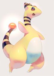 Rule 34 | :d, ampharos, bad id, bad pixiv id, creatures (company), full body, game freak, gen 2 pokemon, grey background, looking at viewer, manino (mofuritaionaka), nintendo, no humans, open mouth, pokemon, pokemon (creature), red eyes, simple background, smile, solo, standing