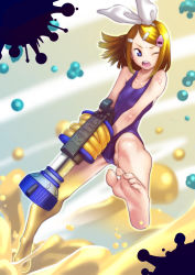 Rule 34 | &gt;;o, 1girl, animal hair ornament, arm tattoo, bare arms, bare shoulders, barefoot, blonde hair, blue eyes, blue one-piece swimsuit, collarbone, crossover, feet, flat chest, foreshortening, gun, h-3 nozzlenose (splatoon), hair ornament, hairclip, highres, holding, holding gun, holding weapon, kagamine rin, nintendo, number tattoo, one-piece swimsuit, one eye closed, open mouth, paint splatter, short hair, soles, solo, soon (c-u-soon), splatoon (series), splatoon 2, squid, swimsuit, tattoo, toes, vocaloid, weapon