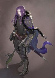 Rule 34 | 1boy, belt, brown background, cape, clenched hand, commission, full body, fur trim, gauntlets, grey eyes, high collar, highres, jun (navigavi), knight, long hair, looking at viewer, medieval, original, parted bangs, purple hair, serious, sheath, sheathed, simple background, skeb commission, standing, sword, weapon