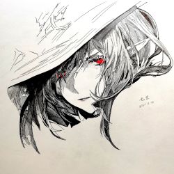 Rule 34 | 1girl, absurdres, alchemaniac, arknights, dated, gladiia (arknights), grey background, hair over one eye, hat, highres, looking at viewer, monochrome, parted lips, pointy ears, portrait, red eyes, simple background, solo, traditional media