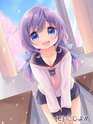 Rule 34 | 1girl, :d, blue eyes, blush, cherry blossoms, long hair, looking at viewer, low twintails, open mouth, petals, purple hair, school uniform, serafuku, smile, solo, twintails, usashiro mani, valhalla valkyries