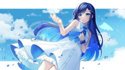 Rule 34 | 1girl, binchou maguro, blue brooch, blue flower, blue hair, blue ribbon, blue sky, blush, cevio, cloud, cloudy sky, collared dress, colored inner hair, commentary, cowboy shot, drawn wings, dress, falling flower, falling petals, floating hair, flower, frown, furrowed brow, futaba minato, hair ornament, hairclip, hand on own chest, hand up, letterboxed, long hair, looking at viewer, multicolored hair, neck ribbon, outside border, outstretched hand, parted lips, petals, petticoat, raised eyebrows, ribbon, single sidelock, single wing, sky, sleeveless, sleeveless dress, smartwatch, solo, sparkle, swept bangs, symbol-only commentary, watch, water drop, white dress, wings, wristwatch