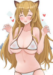 Rule 34 | 1girl, :d, absurdres, animal ears, arknights, bikini, blush, breasts, brown hair, ceobe (arknights), collarbone, dog ears, dog girl, closed eyes, groin, hair between eyes, hands up, heart, highres, large breasts, long hair, looking at viewer, navel, open mouth, see-through, smile, snao (snao na snao), solo, stomach, swimsuit, upper body, very long hair, white background, white bikini
