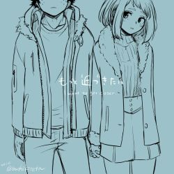 Rule 34 | 1boy, 1girl, blue theme, blush, boku no hero academia, buthikireta, closed mouth, collarbone, commentary request, cowboy shot, english text, freckles, fur-trimmed jacket, fur trim, head out of frame, hetero, holding hands, hood, hood down, jacket, long sleeves, looking at viewer, midoriya izuku, open clothes, open jacket, open mouth, pants, shirt, short hair, simple background, skirt, sweater, translation request, uraraka ochako