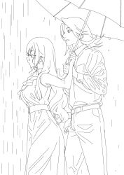 Rule 34 | 1boy, 1girl, amou june, archived source, bad id, bad twitter id, belt, breasts, collared shirt, commentary request, dress, from side, greyscale, highres, himuro hijiri, holding, holding umbrella, image sample, large breasts, long hair, monochrome, open mouth, pants, pretty rhythm, pretty rhythm rainbow live, pretty series, profile, rain, shirt, sleeveless, sleeveless dress, standing, twitter sample, umbrella, zashima