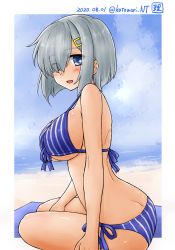 Rule 34 | 1girl, artist logo, bikini, blue bikini, blue eyes, breasts, commentary request, dated, hair ornament, hair over one eye, hairclip, hamakaze (kancolle), highres, kantai collection, kotowari (newtype kenkyuujo), large breasts, looking at viewer, one-hour drawing challenge, short hair, side-tie bikini bottom, silver hair, solo, striped bikini, striped clothes, swimsuit, twitter username
