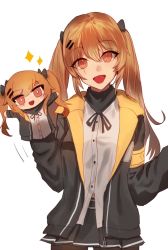 Rule 34 | 1girl, armband, bad id, bad twitter id, black jacket, black skirt, brown hair, cowboy shot, dress shirt, girls&#039; frontline, hair between eyes, hair ornament, hair ribbon, hairclip, hand puppet, highres, jacket, long hair, looking at viewer, open mouth, pantyhose, pleated skirt, puppet, red eyes, ribbon, scar, scar across eye, scar on face, scarf, shirt, simple background, skirt, slit pupils, smile, solo, sparkle, twintails, ump9 (girls&#039; frontline), white background, white shirt, xanax025