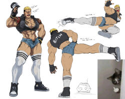Rule 34 | 1boy, angry, ass, bara, black footwear, black male underwear, blonde hair, bra, breasts, cat png, commentary, cosplay, crop top, crop top jacket, crouch kick, english commentary, english text, fingerless gloves, gloves, gold bracelet, hair slicked back, high kick, highres, kicking, kneehighs, large breasts, large pectorals, leggings, male focus, male underwear, muscular, muscular male, nyaattoberritto, partially unzipped, pectorals, sharp teeth, shirt, short shorts, shorts, shoulder tattoo, sleeveless, sleeveless jacket, snk heroines: tag team frenzy, socks, tan, tattoo, teeth, terry bogard, terry bogard (cosplay), the king of fighters, thick thighs, thighs, tight clothes, tongue, tongue out, underwear, variant set, white background, white bra, white leggings, white shirt, yamazaki ryuuji
