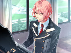 Rule 34 | 1boy, aozora hayato, collared shirt, curtains, game cg, indoors, long sleeves, male focus, necktie, red necktie, shirt, solo, starry sky (game), white shirt