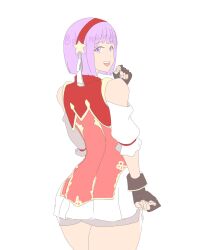 Rule 34 | 1girl, artist name, asamiya athena, ass, bow, chinese clothes, fingerless gloves, gloves, hair bow, highres, legs, looking at viewer, looking back, open mouth, purple eyes, purple hair, short hair, smile, snk, solo, the king of fighters, the king of fighters xv, thick thighs, thighs