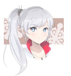 Rule 34 | 1girl, blue eyes, brown background, chocomiru, closed mouth, collarbone, commentary, dot nose, english commentary, expressionless, eyelashes, eyes visible through hair, frown, hair over shoulder, jewelry, long hair, looking at viewer, necklace, portrait, raised eyebrows, rwby, silver hair, snowflake background, solo, split mouth, swept bangs, weiss schnee