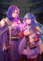 Rule 34 | 1boy, 1girl, aqua hair, armor, book, boots, breastplate, capelet, circlet, cloak, corruption, dark persona, eirika (fire emblem), fire emblem, fire emblem: the sacred stones, fire emblem heroes, hair between eyes, highres, holding, holding book, long sleeves, lyon (fire emblem), magic, nintendo, possession, purple hair, red eyes, riou (pooh920), shoulder armor, sidelocks, skirt, smile, thigh boots, thighhighs, white skirt