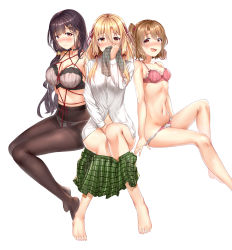 Rule 34 | 3girls, ;d, aldehyde, barefoot, black hair, blonde hair, blue jacket, bow, bowtie, bra, breasts, clothes pull, collar, collarbone, collared shirt, feet, female masturbation, foot out of frame, full body, green skirt, hair ornament, hair ribbon, hair tie, hairclip, highres, holding clothes, holding shorts, jacket, large breasts, light brown hair, long hair, long sleeves, looking at viewer, masturbation, multiple girls, one eye closed, one side up, open mouth, original, panties, panties under pantyhose, panty pull, pantyhose, partially unbuttoned, partially undressed, pink bra, pink panties, plaid, plaid skirt, ribbon, shibari, shibari over clothes, shirt, simple background, skirt, skirt around legs, smelling, smile, socks, thighs, tress ribbon, underwear, unworn shorts, very long hair, vest, white background, white bra, white panties, white shirt, yellow vest