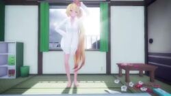 1girl 3d akita_neru animated ass audible_music barefoot blonde_hair bottomless curtains dancing feet female_focus from_behind full_body gluteal_fold hair_ornament indoors long_hair long_sleeves looking_at_viewer mikumikudance_(medium) necktie shirt side_ponytail sound spinning standing sunlight table tatami thighhighs thighs toes uep20 very_long_hair video vocaloid white_shirt window wooden_table