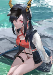 Rule 34 | 1girl, azur lane, bikini, bikini under clothes, black hair, black hat, black jacket, blazpu, breasts, character request, cleavage, day, dragon girl, dragon horns, dragon tail, earpiece, hair over one eye, hat, highres, horns, jacket, large breasts, long hair, long sleeves, looking at viewer, open clothes, open jacket, outdoors, parted lips, pouch, red bikini, red eyes, rock, soaking feet, solo, swimsuit, tail, thigh pouch, thigh strap, visor cap, water