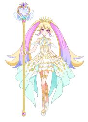 Rule 34 | 1girl, bare shoulders, blonde hair, dress, full body, gold trim, gradient hair, himeme (pretty series), holding, holding scepter, long hair, looking at viewer, multicolored hair, official art, open mouth, pink eyes, pink hair, pretty series, scepter, shoes, simple background, skirt hold, smile, solo, standing, tiara, transparent background, twintails, very long hair, waccha primagi!, waccha primagi! studio, white dress
