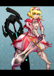 Rule 34 | 1girl, alexia lynn elesius, armor, blonde hair, boots, bow, dress, elbow gloves, female focus, gloves, greaves, green eyes, hairband, highres, knight, ribbon, short hair, smile, solo, sword, syo (smokeless territory), weapon, wild arms, wild arms xf