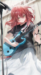 Rule 34 | 1girl, absurdres, black shirt, blush, bocchi the rock!, bracelet, electric guitar, fudepenbrushpen, gibson les paul, green eyes, guitar, hair between eyes, highres, holding, holding instrument, instrument, jewelry, kita ikuyo, long hair, looking down, music, one side up, parted lips, playing instrument, red hair, shirt, short sleeves, skirt, solo, standing, white skirt