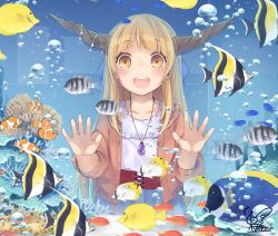 Rule 34 | 1girl, against glass, air bubble, alternate costume, aquarium, blouse, blue bow, blue skirt, bow, brown eyes, bubble, clownfish, commentary request, contemporary, damselfish, fish, gourd, hair bow, highres, horn ornament, horns, ibuki suika, jewelry, light brown hair, long hair, looking at viewer, moorish idol, open mouth, pendant, sea anemone, shirt, skirt, smile, solo, star (symbol), surgeonfish, touhou, toutenkou, tropical fish, upper body, water, white shirt