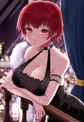 Rule 34 | 1girl, arm strap, azur lane, bare shoulders, black choker, black dress, blush, breasts, choker, cleavage, closed mouth, collarbone, commentary request, commission, cowboy shot, curtains, dress, feather boa, hair between eyes, highres, indoors, large breasts, looking at viewer, night, official alternate costume, partial commentary, pixiv commission, railing, red eyes, red hair, short hair, sidelocks, skyline, sleeveless, sleeveless dress, smile, solo, standing, weser (azur lane), weser (urbane onyx) (azur lane), window, yomogi dango