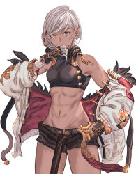 Rule 34 | 1girl, abs, breasts, coat partially removed, crop top, dark-skinned female, dark skin, ear piercing, fiorito (granblue fantasy), gloves, granblue fantasy, grey eyes, grey hair, highres, jacket, jewelry, looking at viewer, midriff, mou pl, muscular, muscular female, piercing, short hair, shorts, small breasts, solo, tan, toned, white jacket