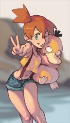Rule 34 | 1girl, 1other, ;), absurdres, arms around neck, blue eyes, blue shorts, blurry, blurry background, breasts, creatures (company), crop top, denim, denim shorts, game freak, gen 1 pokemon, highres, holding, holding pokemon, misty (pokemon), nintendo, one eye closed, orange hair, piku184, pokemon, pokemon (anime), pokemon (classic anime), pokemon (creature), psyduck, shorts, side ponytail, sleeveless, small breasts, smile, suspender shorts, suspenders, v