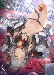 Rule 34 | 1girl, armpits, bare shoulders, black gloves, black jacket, black panties, bow, bowtie, bubble, buttons, choker, closed mouth, collarbone, crop top, envelope, flat chest, fur trim, gloves, grey shirt, hands up, highres, horn ornament, horn ribbon, horns, jacket, kaerunoko, leg up, long hair, long sleeves, looking at viewer, lying, midriff, navel, no pants, off shoulder, on back, open clothes, open jacket, open shirt, original, panties, red choker, ribbon, sailor collar, shirt, silver hair, sleeveless, sleeveless shirt, smile, solo, stomach, string panties, symbol-shaped pupils, tail, tail around own leg, tail ornament, tail ribbon, thigh gap, thighs, unbuttoned, unbuttoned shirt, underwear, upside-down, wide sleeves, yellow eyes