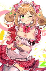 Rule 34 | 1girl, :q, ahoge, apron, blonde hair, blush, bow, bowtie, breasts, brooch, cleavage, commentary, cowboy shot, detached collar, earrings, frills, garter straps, green eyes, hair bow, hair ornament, hairpin, heart, heart bow, heart brooch, heart earrings, highres, idolmaster, idolmaster cinderella girls, idolmaster cinderella girls starlight stage, jewelry, ketchup bottle, long hair, looking at viewer, maid, maid headdress, one eye closed, plaid, plaid skirt, puffy sleeves, ribbon, sato shin, scrunchie, short sleeves, skirt, smile, solo, thighhighs, tongue, tongue out, twintails, wenquangua, wrist scrunchie